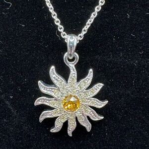 Annaleece By Devries Silver Tone Necklace Sun Shaped Pendant Yellow Center Stone